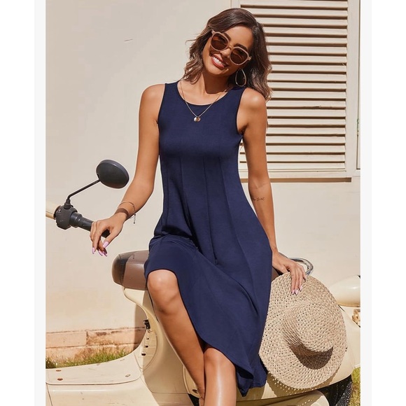 HOTOUCH Summer Casual Sleeveless Swing Tank Pleated Sundress with Pockets - Picture 2 of 9